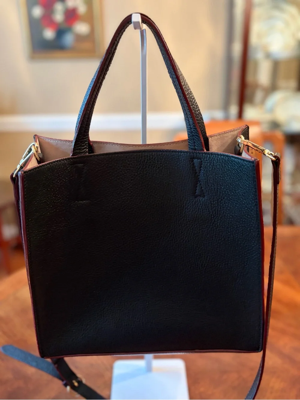 Beautiful Frances Valentine Black Pebbled Leather Tote with Red Trim - Exc Cond
